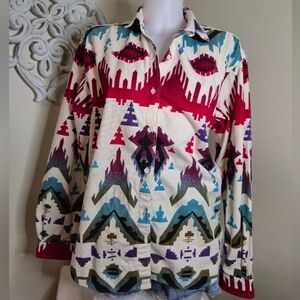 Vintage Aztec Print Button-Up Shirt Flannel Southwestern Navajo Blanket Print